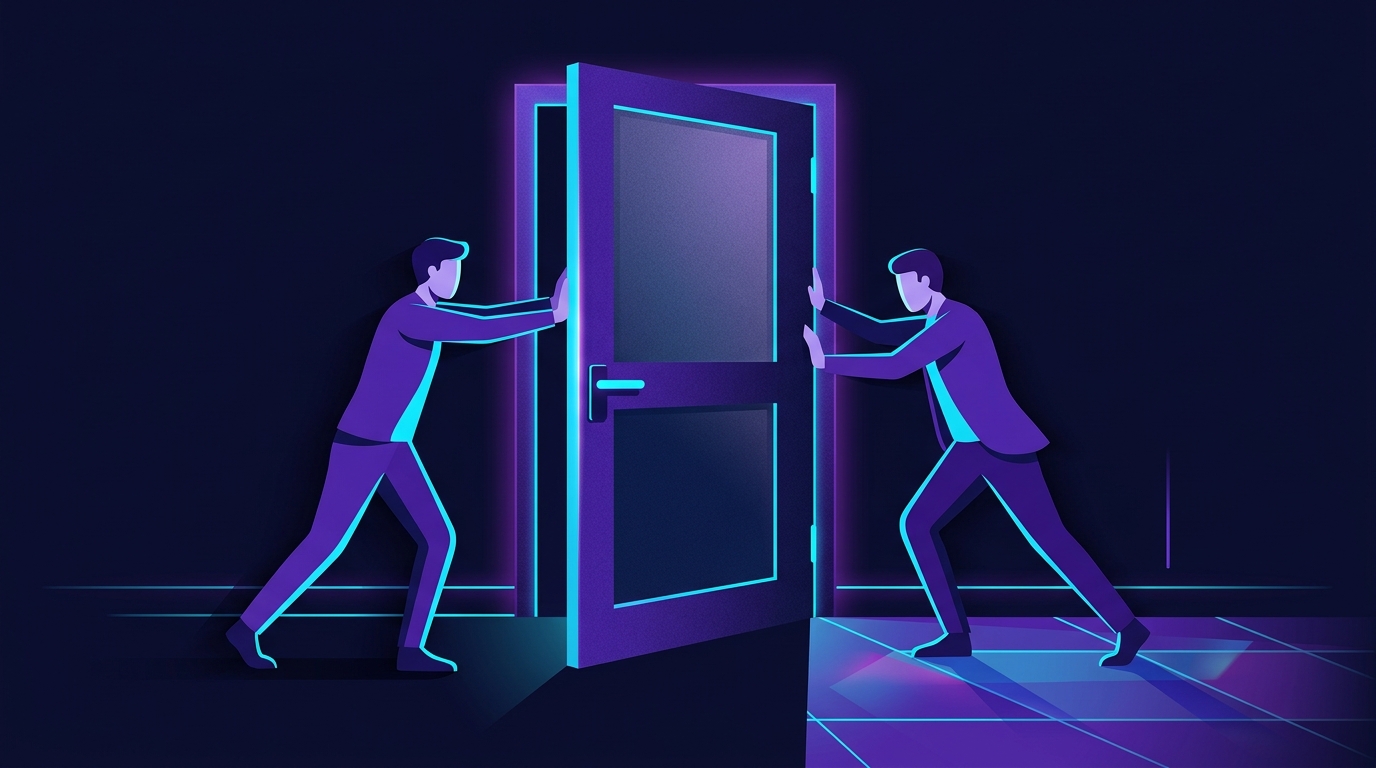 Here is an illustration of the scene, showing one person pushing a door open while another tries to hold it shut, rendered in the hypermodern and minimal style of the ConcordatoFacile series.